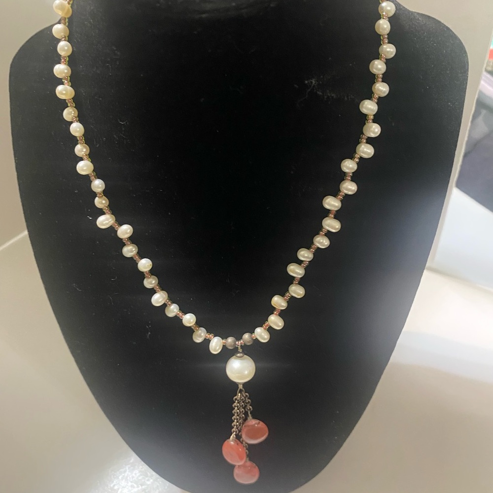 Cultured Pearl Necklace with Pink Gemstone Drops